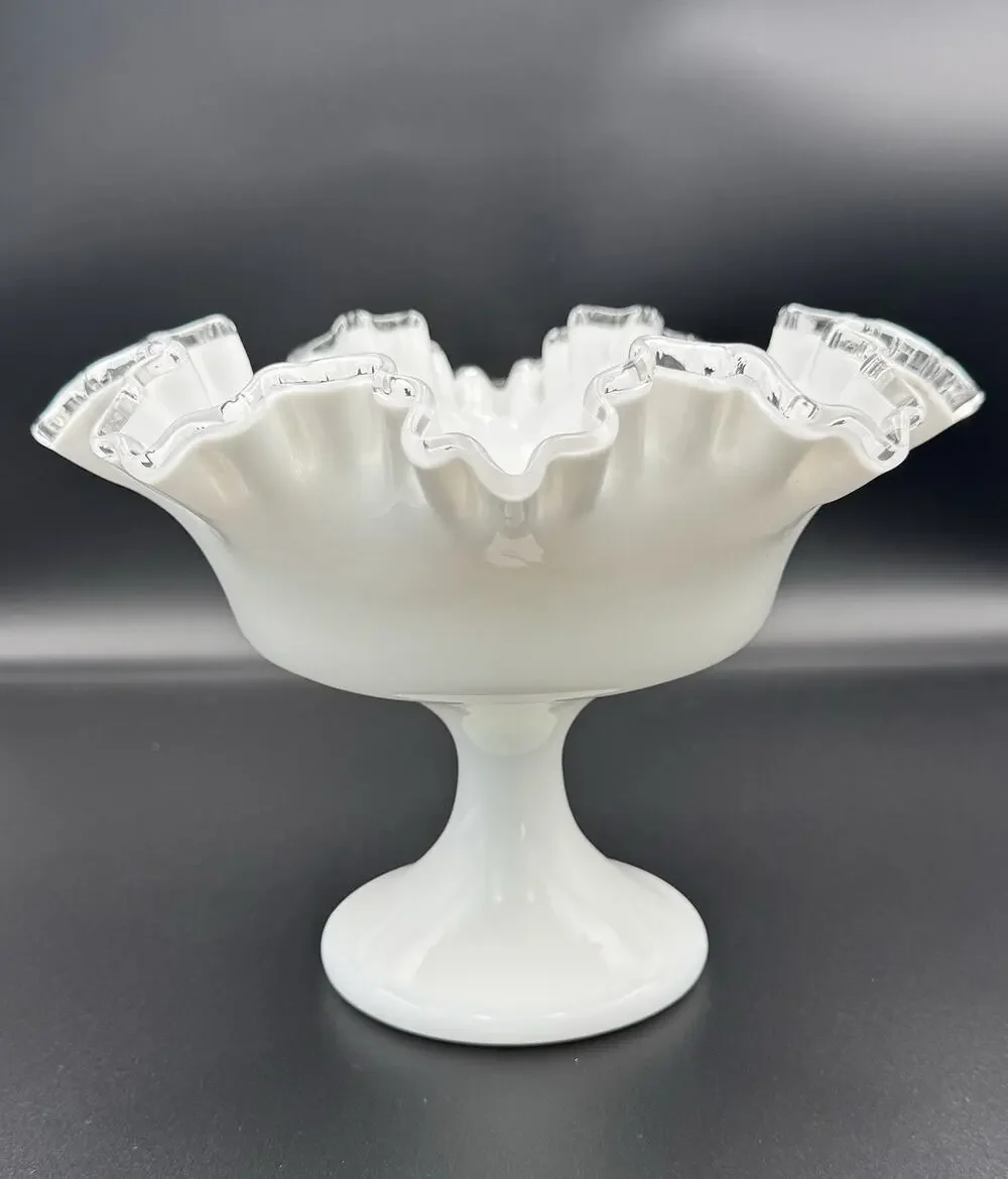 Fenton Silver Crest Milk Glass Bowl 8” Ruffled Edge Centerpiece Vintage Dish USA
